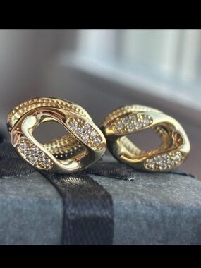 NWT Gold Plated Pave Link Hoop Earrings Designer Inspired Chunky Jacket Huggies